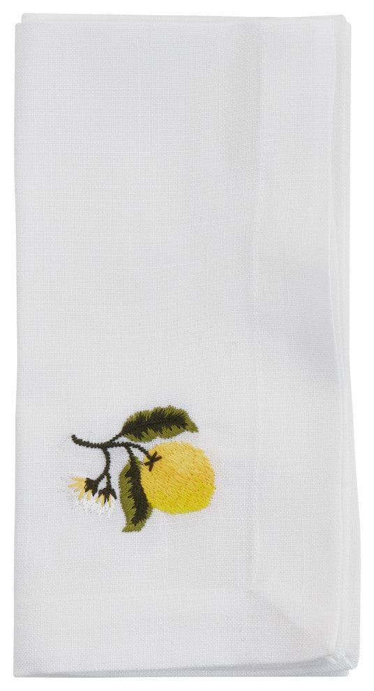EmbroideredTable Napkins With Lemon Design (Set of 4), White, 20"x20"