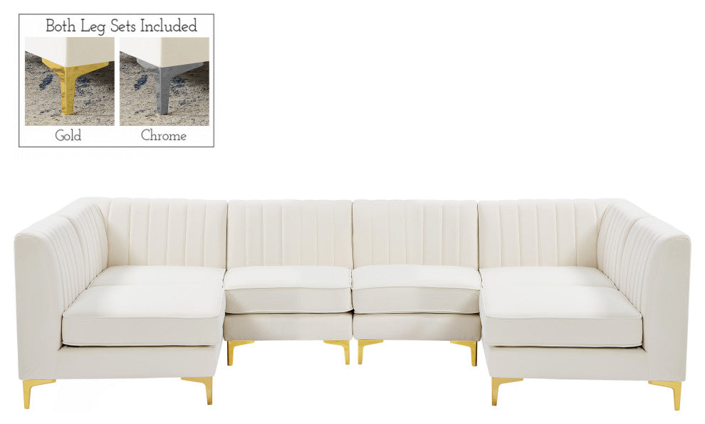 Alina Velvet Modular U-Shaped Sectional, Cream, 6-Piece: 4 Armless Chair, 2 Corner Chair