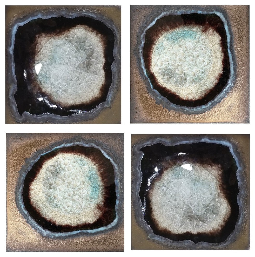 Luxe Modern Bronze Black Pottery Coaster 4-Piece Set | Agate Tile Fused Glass Sq