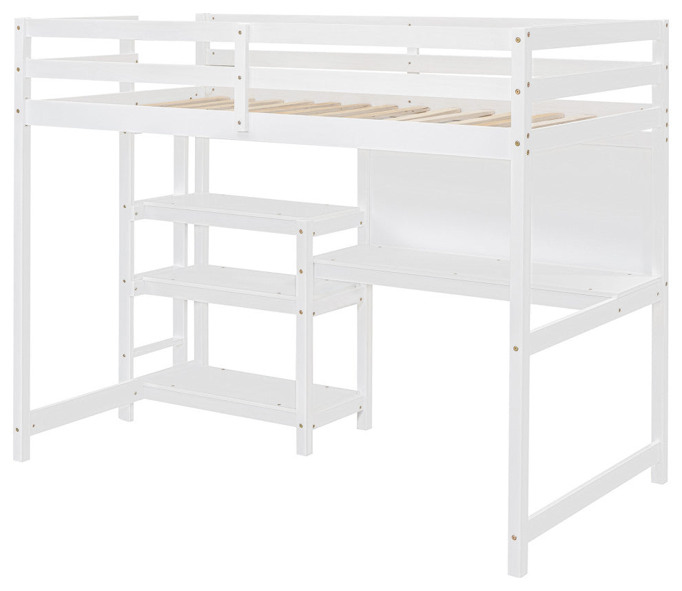 Gewnee Twin Size Wooden Loft Bed with Shelves in White