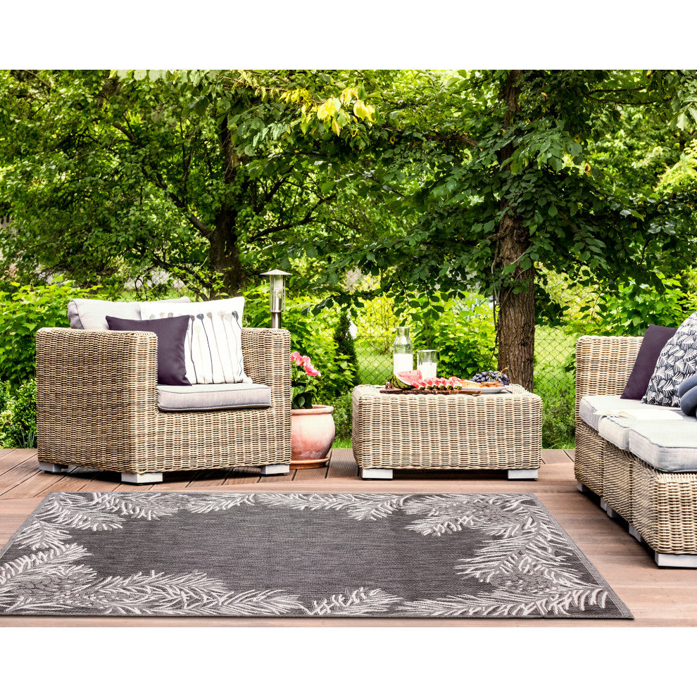 Malibu Pine Border Indoor/Outdoor Rug, Charcoal, 8'10"x11'9"