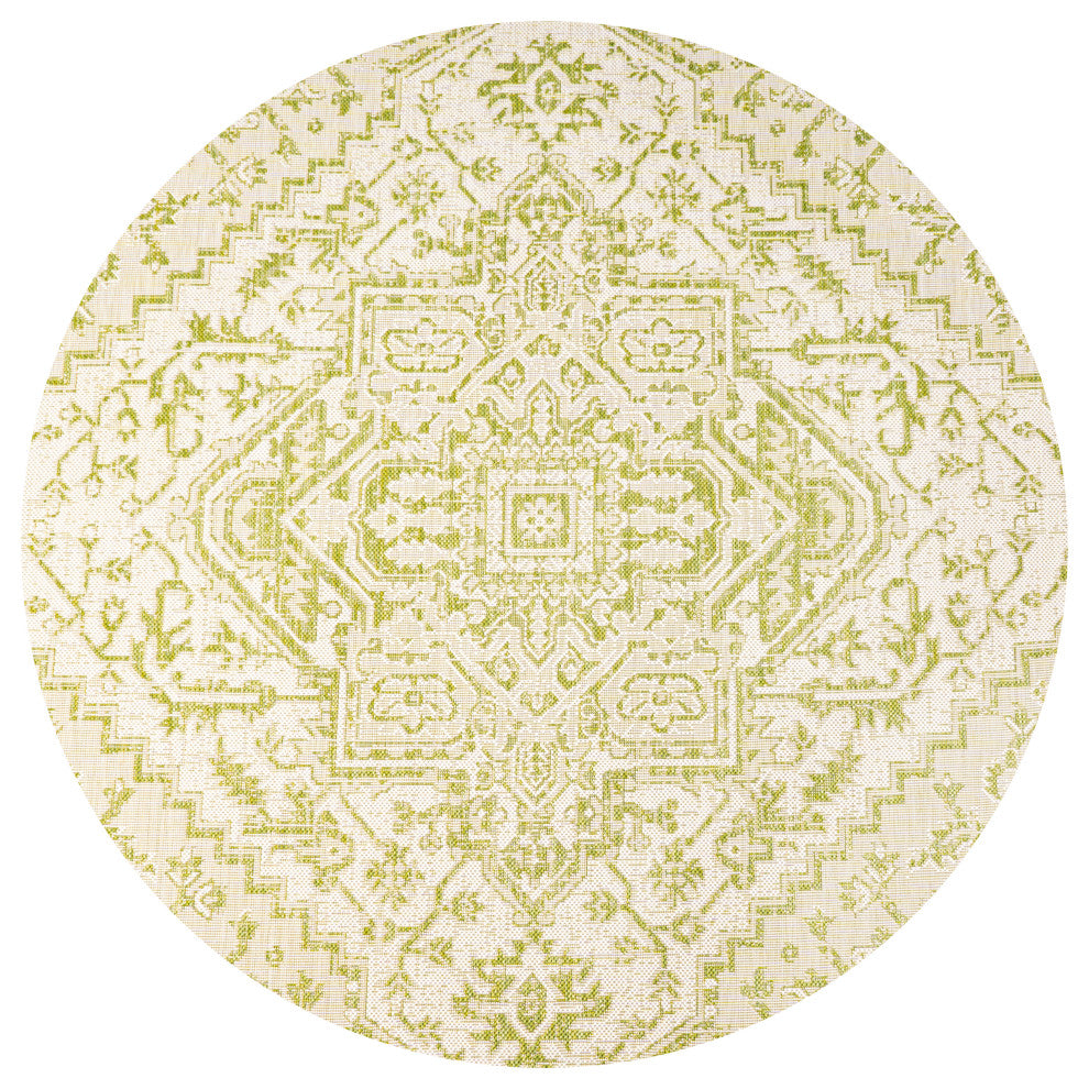 Estrella Bohemian Medallion Textured Weave Indoor/Outdoor, Cream/Green, 5' Round