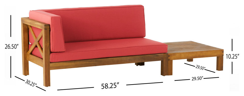 Keith Outdoor Left Arm Loveseat and Coffee Table Set, Red/Teak