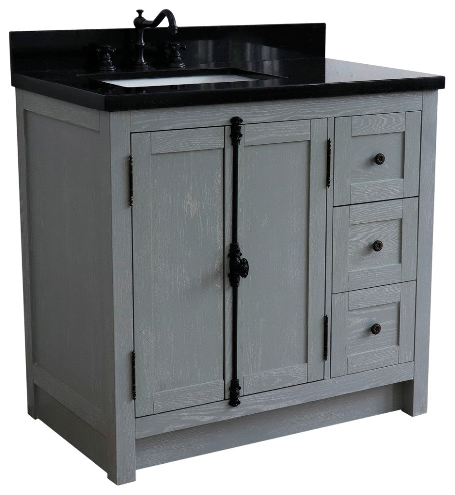 37" Vanity, Gray Ash With Black Galaxy Top, Left Doors/Left Rectangle Sink