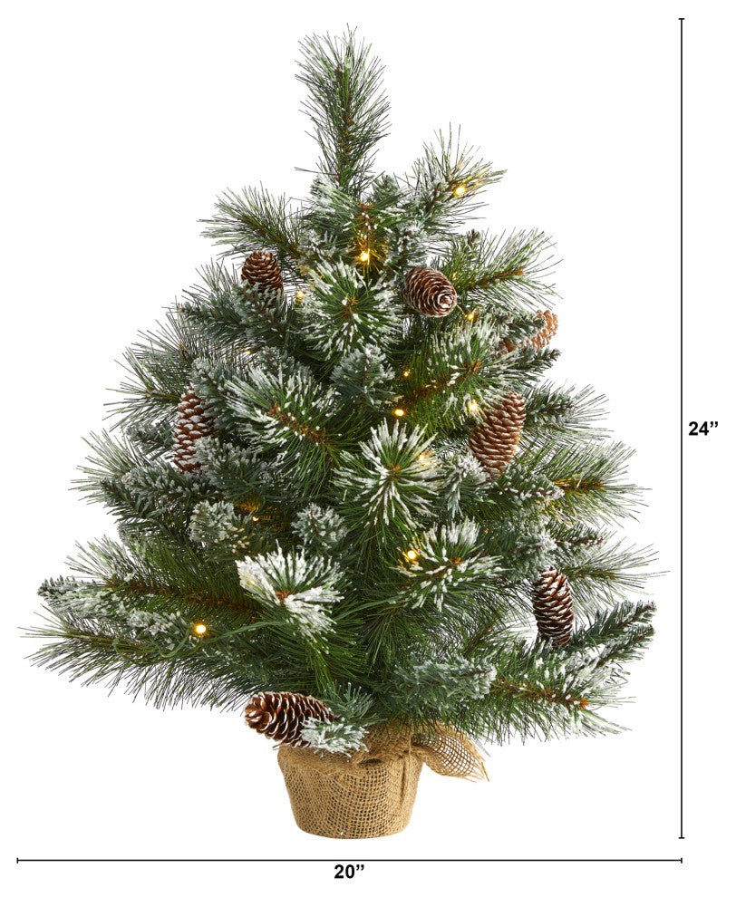 2' Frosted Pine Faux Xmas Tree W/ 35 Clear LED Lights, Pinecones and Burlap Base