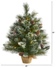 2' Frosted Pine Faux Xmas Tree W/ 35 Clear LED Lights, Pinecones and Burlap Base