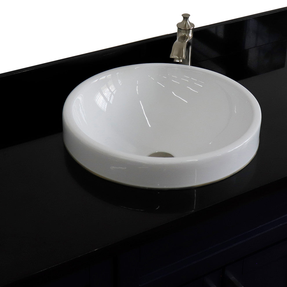 49" Single Sink Vanity, Blue Finish With Black Galaxy Granite And Round Sink