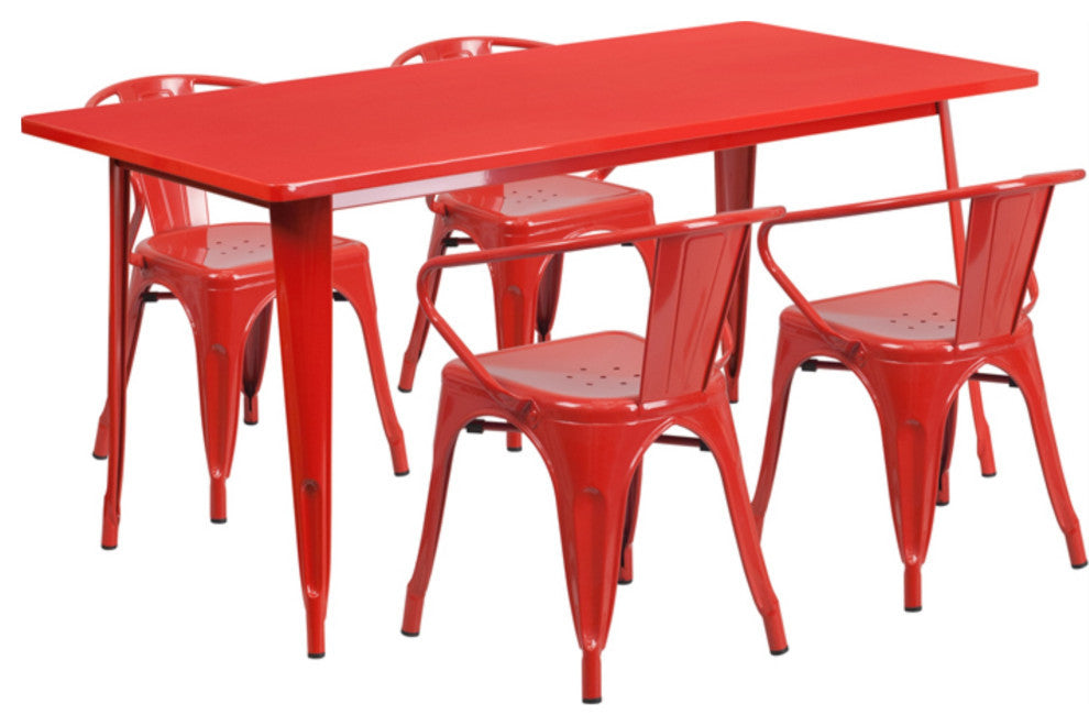 31.5''x63'' Rectangular Metal Indoor Table Set with 4 Arm Chairs, Red