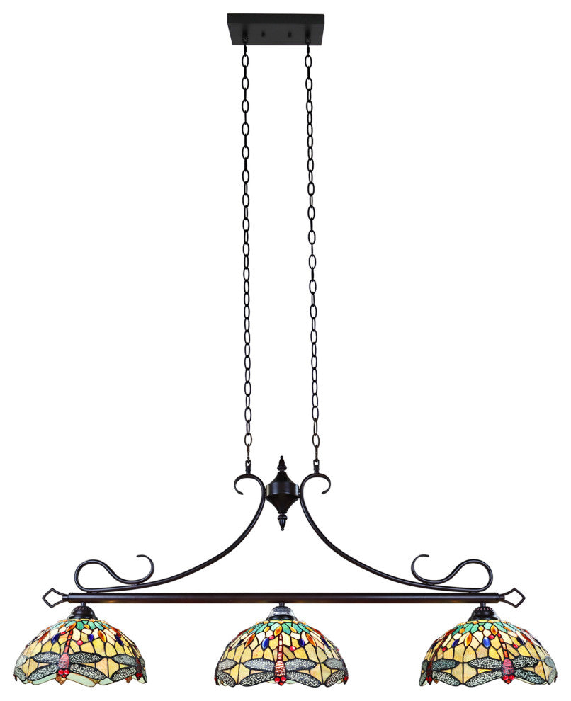 Empress Dragonfly Tiffany-Style Dark Bronze 3 Light Island Pendant 48" Wide