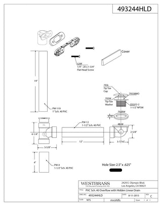 Hidden Linear Overflow Sch. 40 PVC Tub Waste, ADA Approved Tip-Toe, Polished Chrome