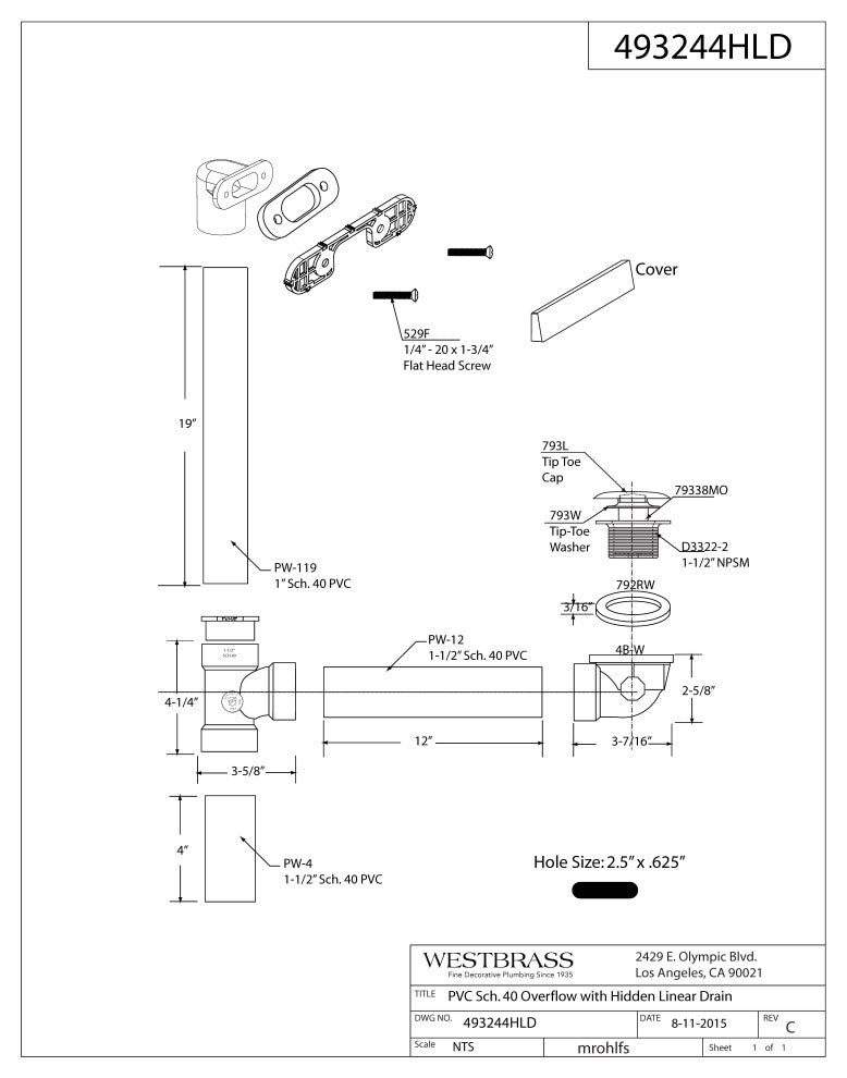 Hidden Linear Overflow Sch. 40 PVC Tub Waste, ADA Approved Tip-Toe, Polished Chrome