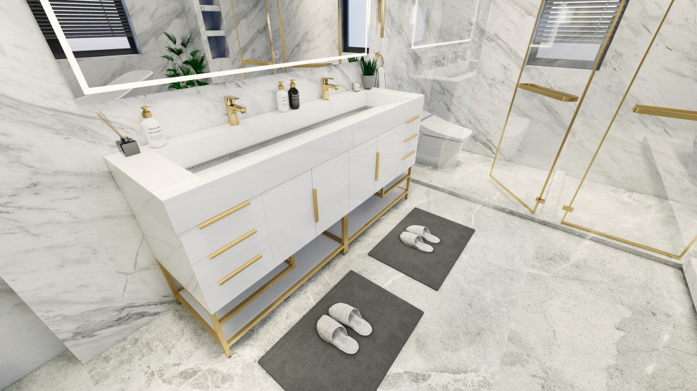 Madison 84" Free Standing Double Sink Vanity with Reinforced Acrylic Sink, High Gloss White