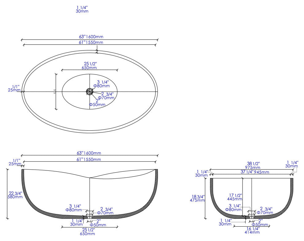 ALFI brand ABCO63TUB 63" Solid Concrete Gray Matte Oval Bathtub