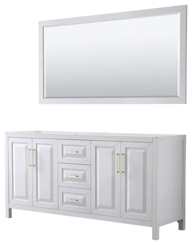 72" Double Bath Vanity, White, No Countertop, 70" Mirror, Gold Trim