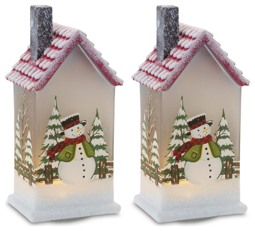 LED Lighted House With Snowman, Set of 2