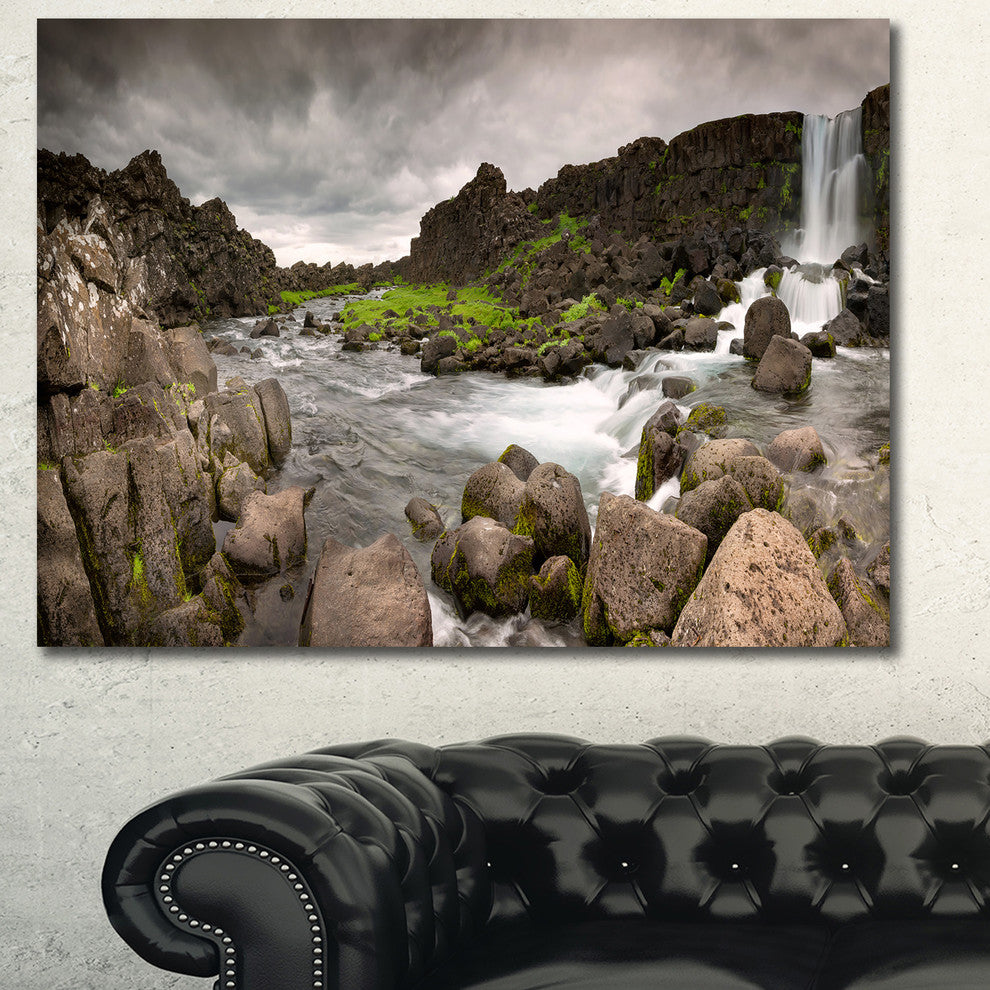 Dramatic Oxarafoss Waterfalls, Oversized Abstract Canvas Art Print, 60x40