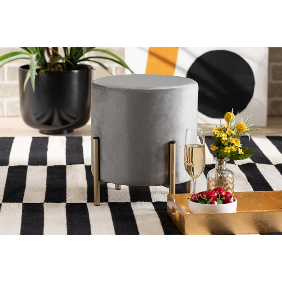 Thurman Gray Velvet Fabric Upholstered and Gold Finished Metal Ottoman