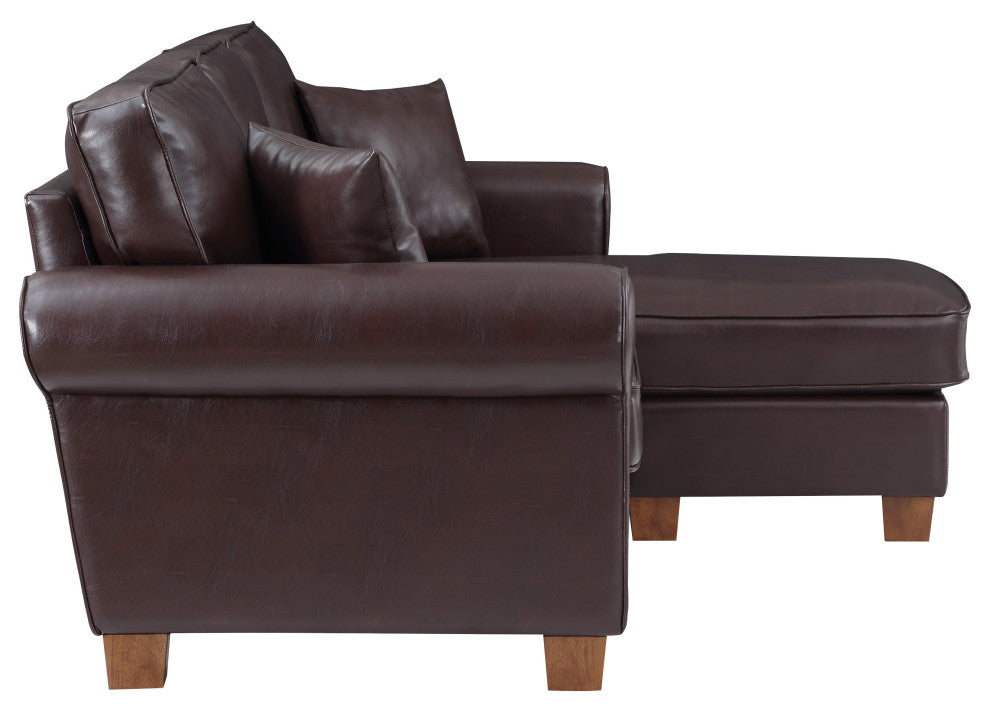 Rylee Rolled Arm Sectional, Cocoa Faux Leather With Pillows and Coffee Legs