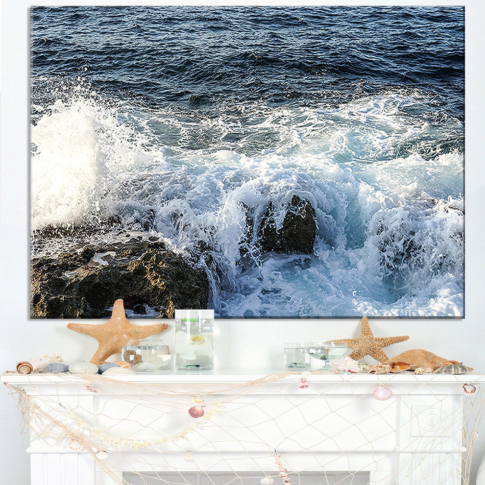 "Waves Breaking on Stony Beach" Seascape Wall Art, 32"x16"