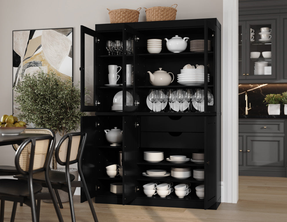 100% Solid Wood 48.5" Kitchen Pantry with Glass/Solid Doors, 2-Drawers, Black