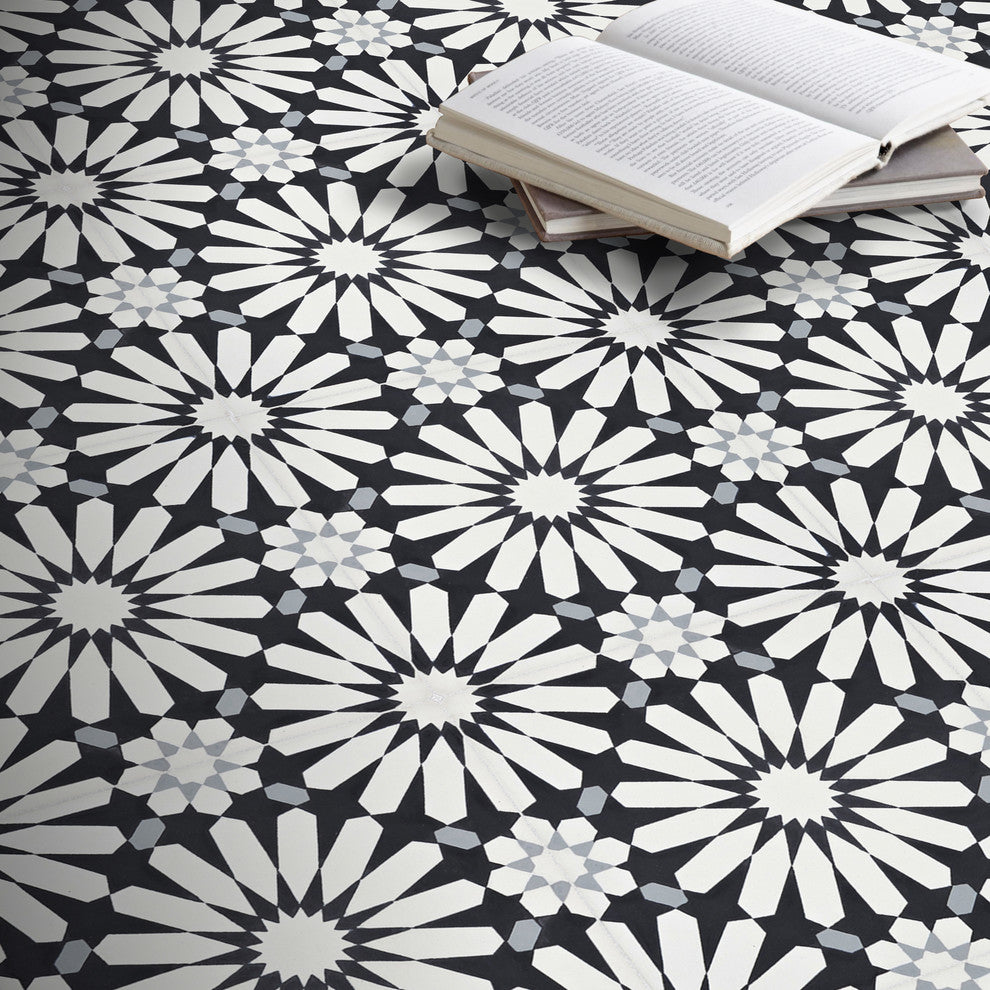 8"x8" Alhambra Handmade Cement Tile, Black-White-Gray, Set of 12