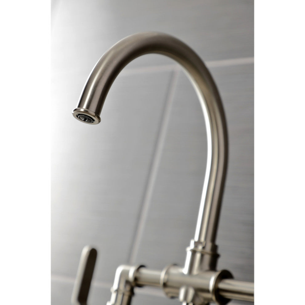 Industrial Style Bridge Kitchen Faucet and Brass Sprayer, Brushed Nickel