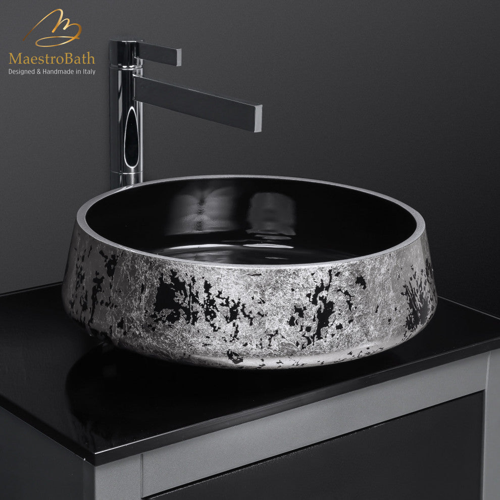 Exte Luxe Bathroom Vessel Sink, Black and Silver