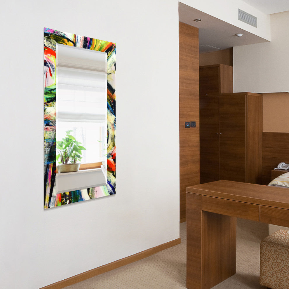 "Rock Star" Beveled Mirror on Printed Abstarct Tempered Art Glass, 54x28"