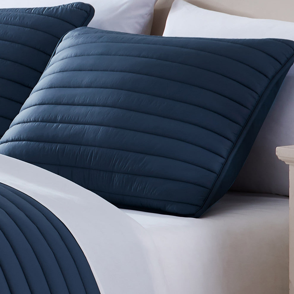 Benzara BM283911 2 Piece Twin Comforter Set, Puffer Channel Quilted Navy Blue