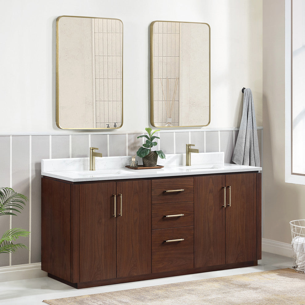 San Bath Vanity with Stone Top, Natural Walnut, 72", Double Vanity, No Mirror
