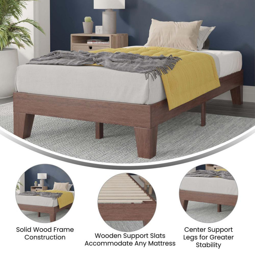Evelyn Wood Platform Bed with Wooden Support Slats, No Box Spring Required, Walnut, Twin
