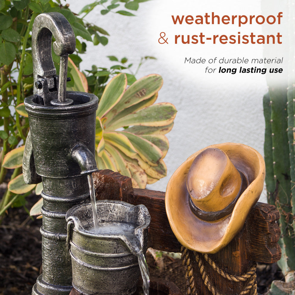 Pump and Barrel Fountain with Cowboy Hat