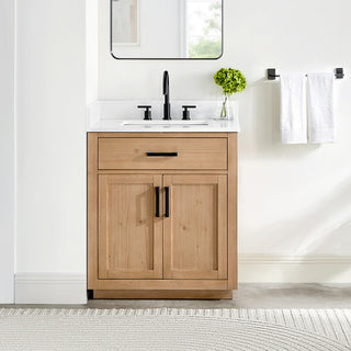 Gavino Vanity With Grain White Composite Stone Top, Light Brown/Matte Black, 30", No Mirror