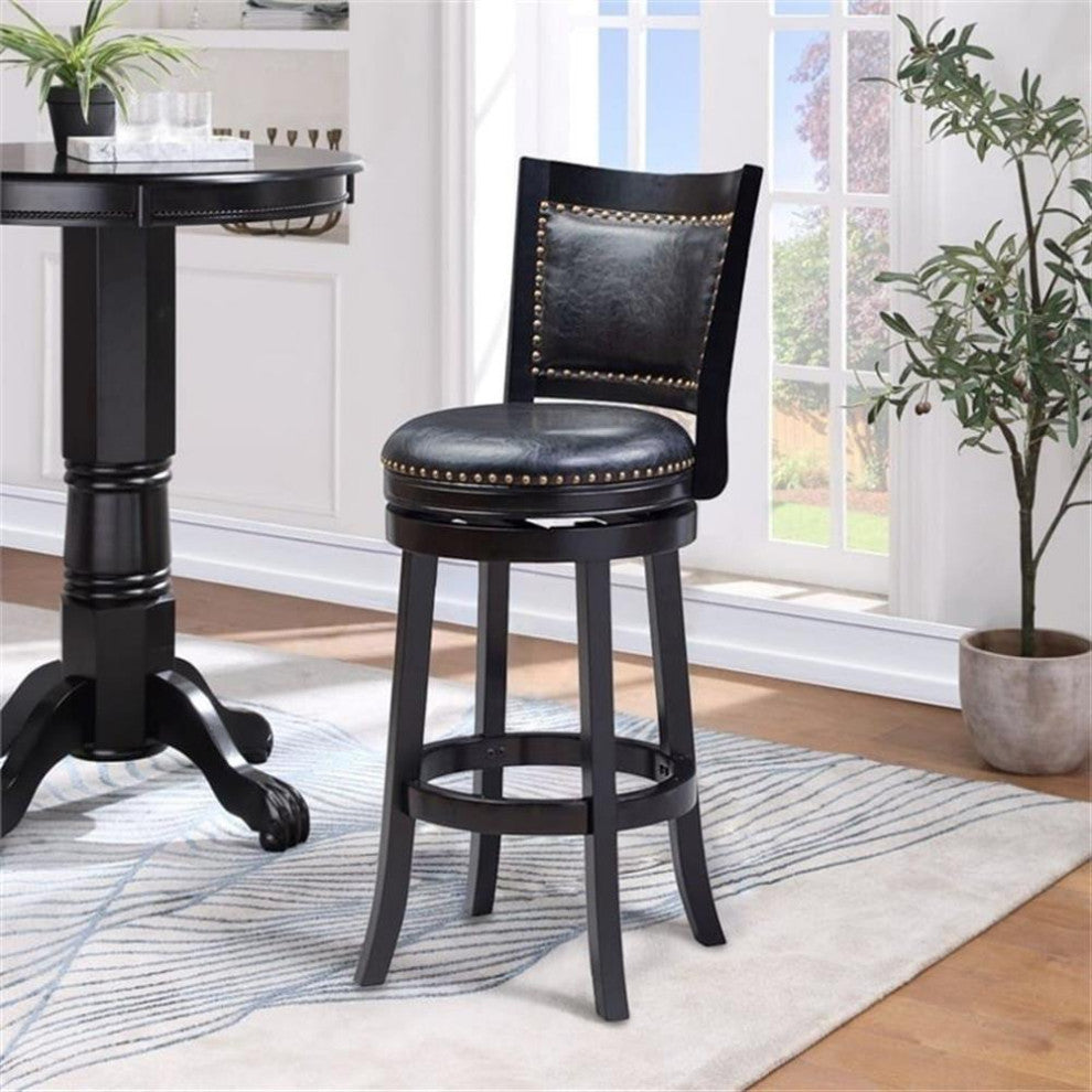 Pemberly Row 31" Contemporary Wood & Faux Leather Swivel Bar Stool in Black
