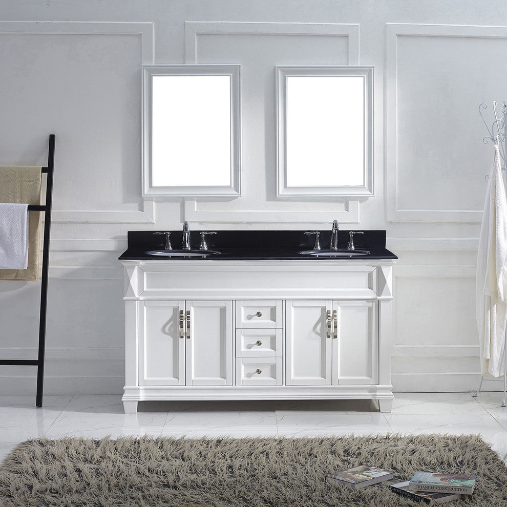 Virtu Victoria 60" Double Bathroom Vanity, White, Faucet and Mirrors