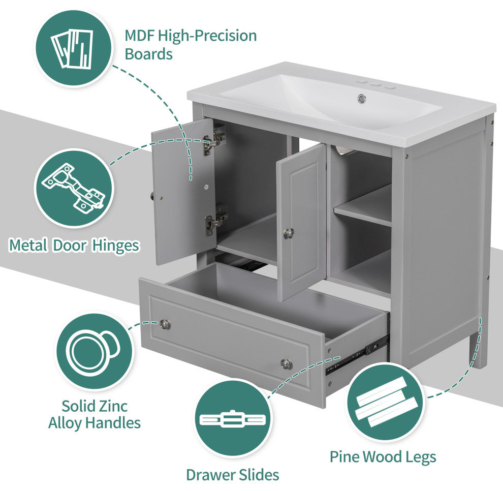 30 inch MDF Freestanding Bathroom Vanity Set with Doors and Drawer