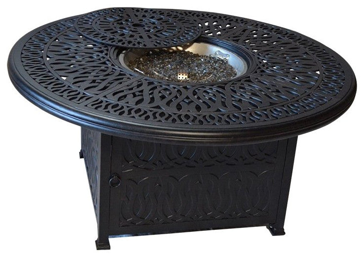 Propane Fire Pit Dining Table Set Cast Aluminum Wicker Furniture, 7 Piece, Patio