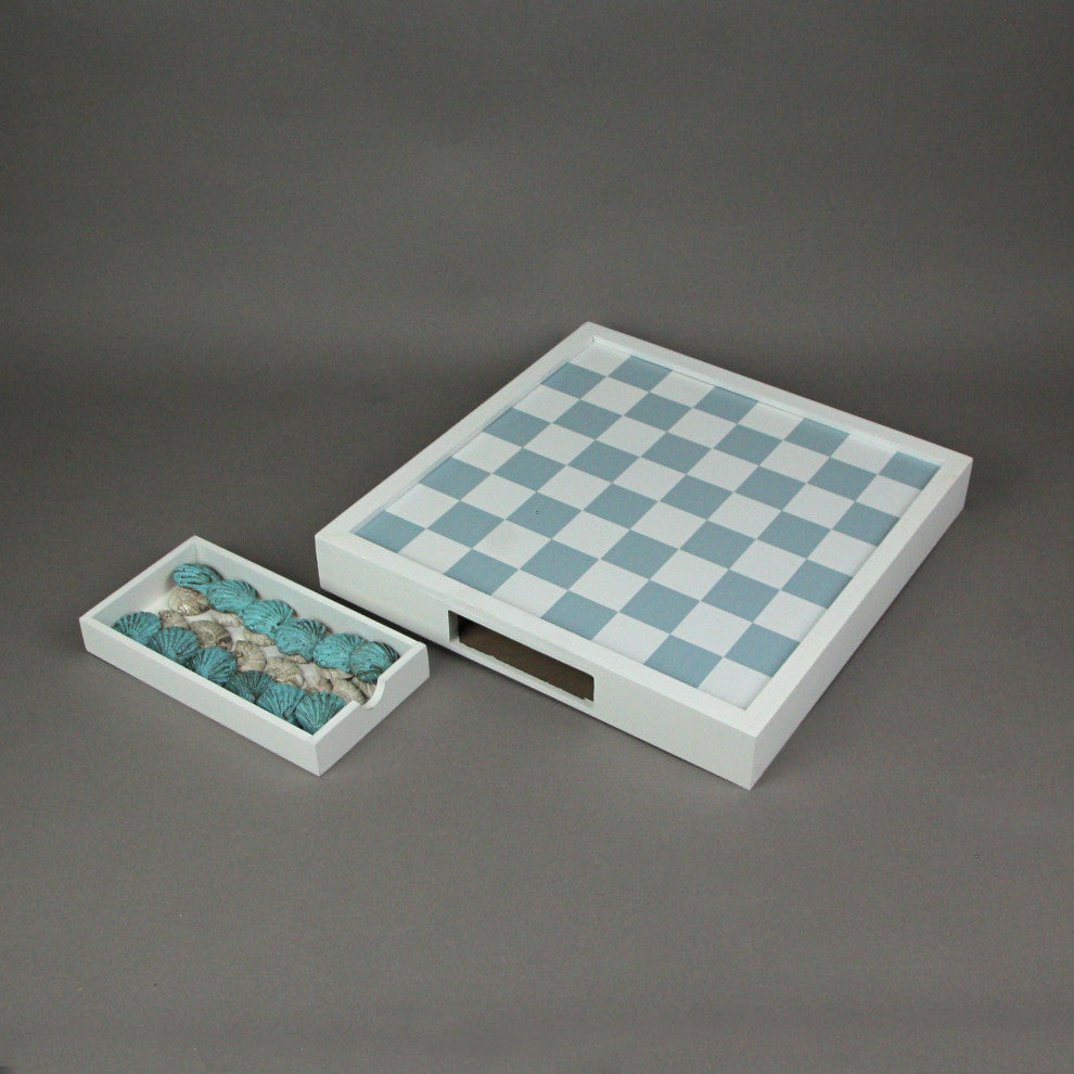 Coastal Themed Seashell Checkers Set With Game Board 13 Inches