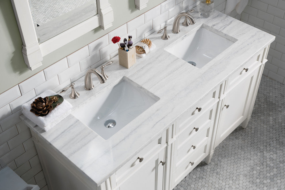 Brittany 60" Bright White Double Vanity, Arctic Fall Solid Surface Top