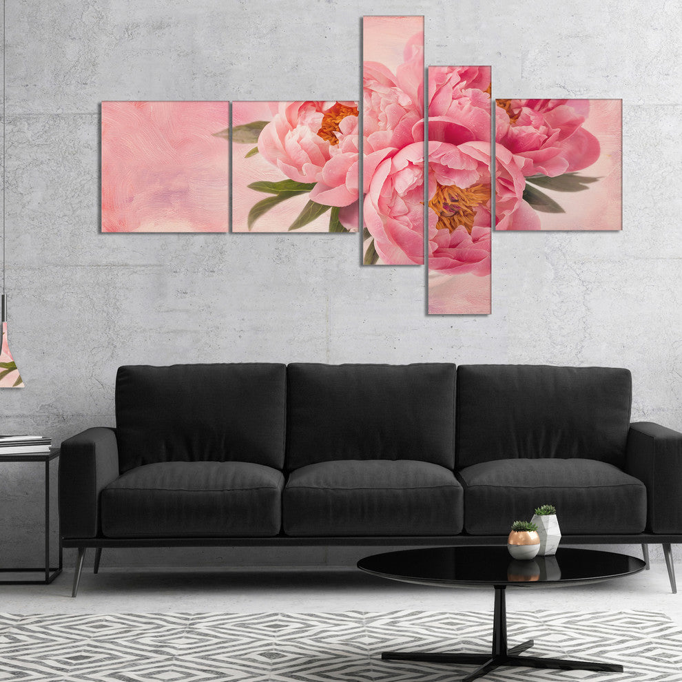 Peony Flowers in Vase on Pink, Floral Canvas Art Print, 60"x32", 5 panels