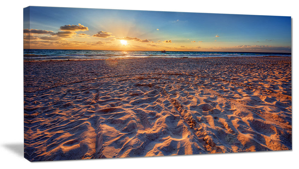 Trodden Sandy Beach at Sunset, Seashore Canvas Art Print, 32"x16"