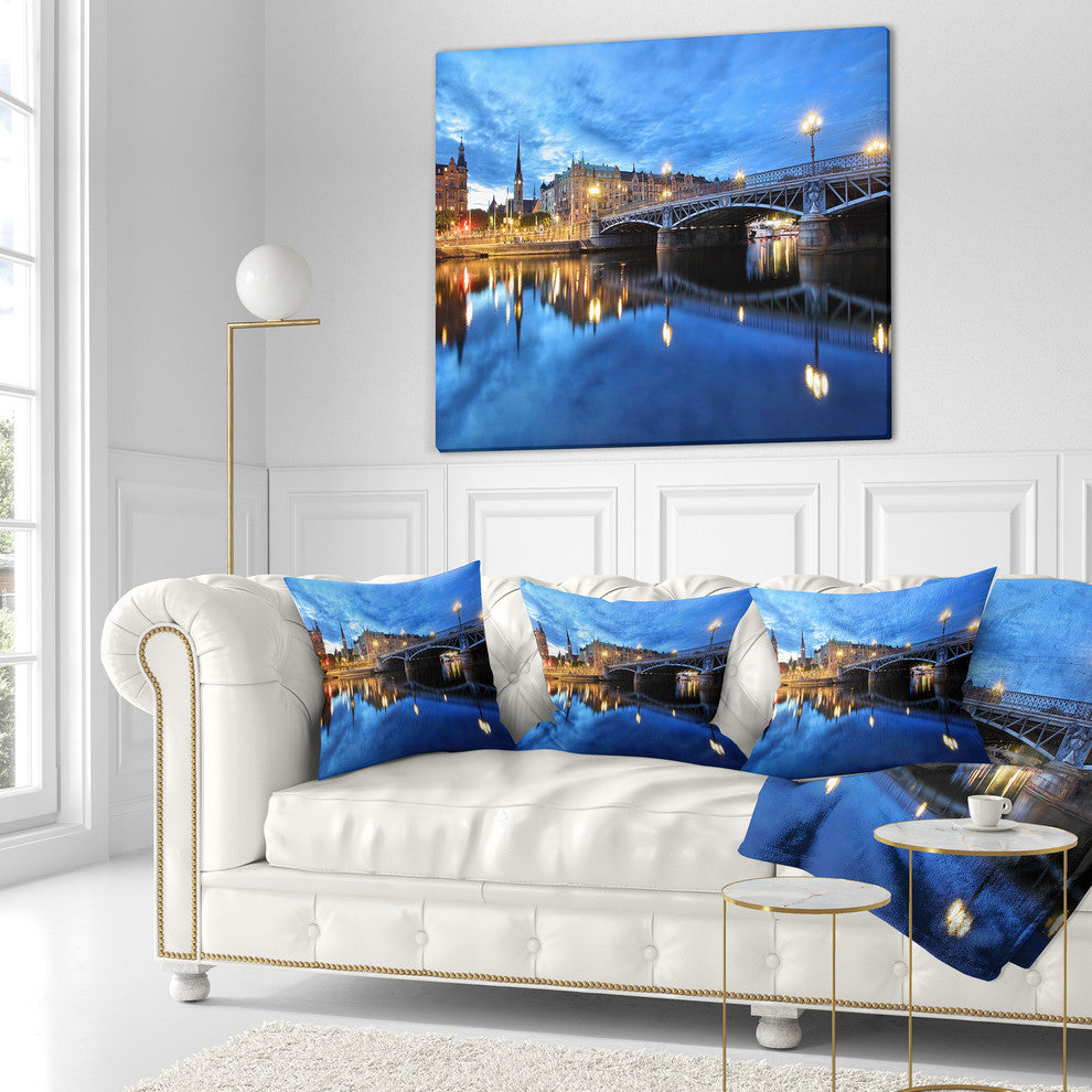 Illuminated Blue Stockholm Cityscape Throw Pillow, 18"x18"