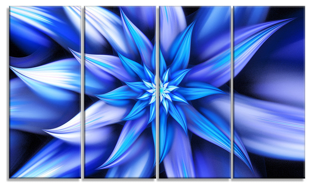 Dancing Blue Flower Petals, Floral Canvas Art Print, 48"x28", 4 Panels