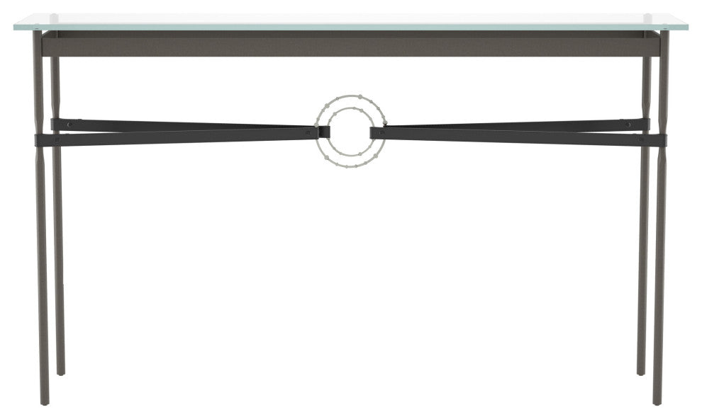 Equus Console Table, Dark Smoke Finish - Sterling Accents - Black Leather Strap