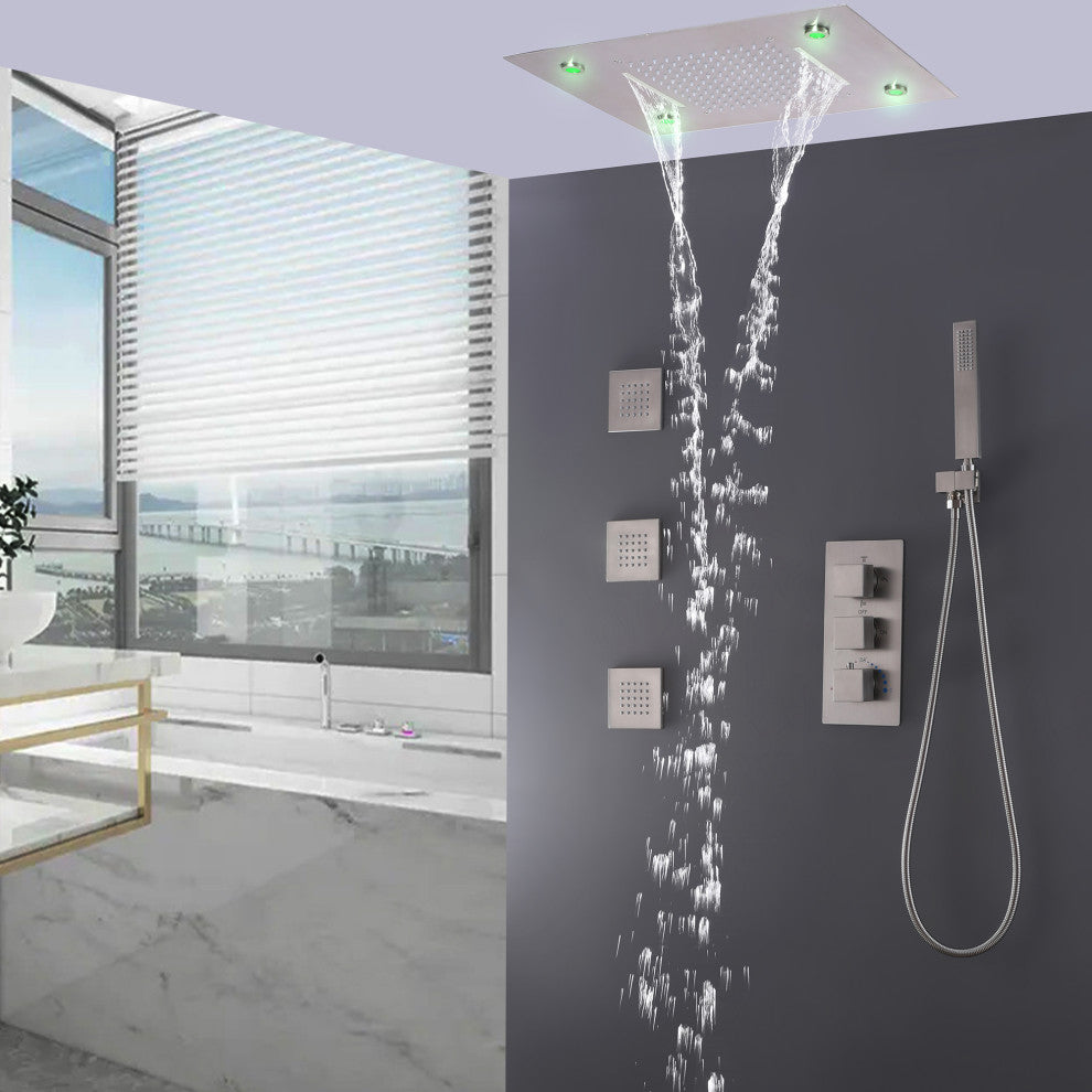 Thermostatic Shower System With Multi Function LED Shower Head, Brushed Nickel