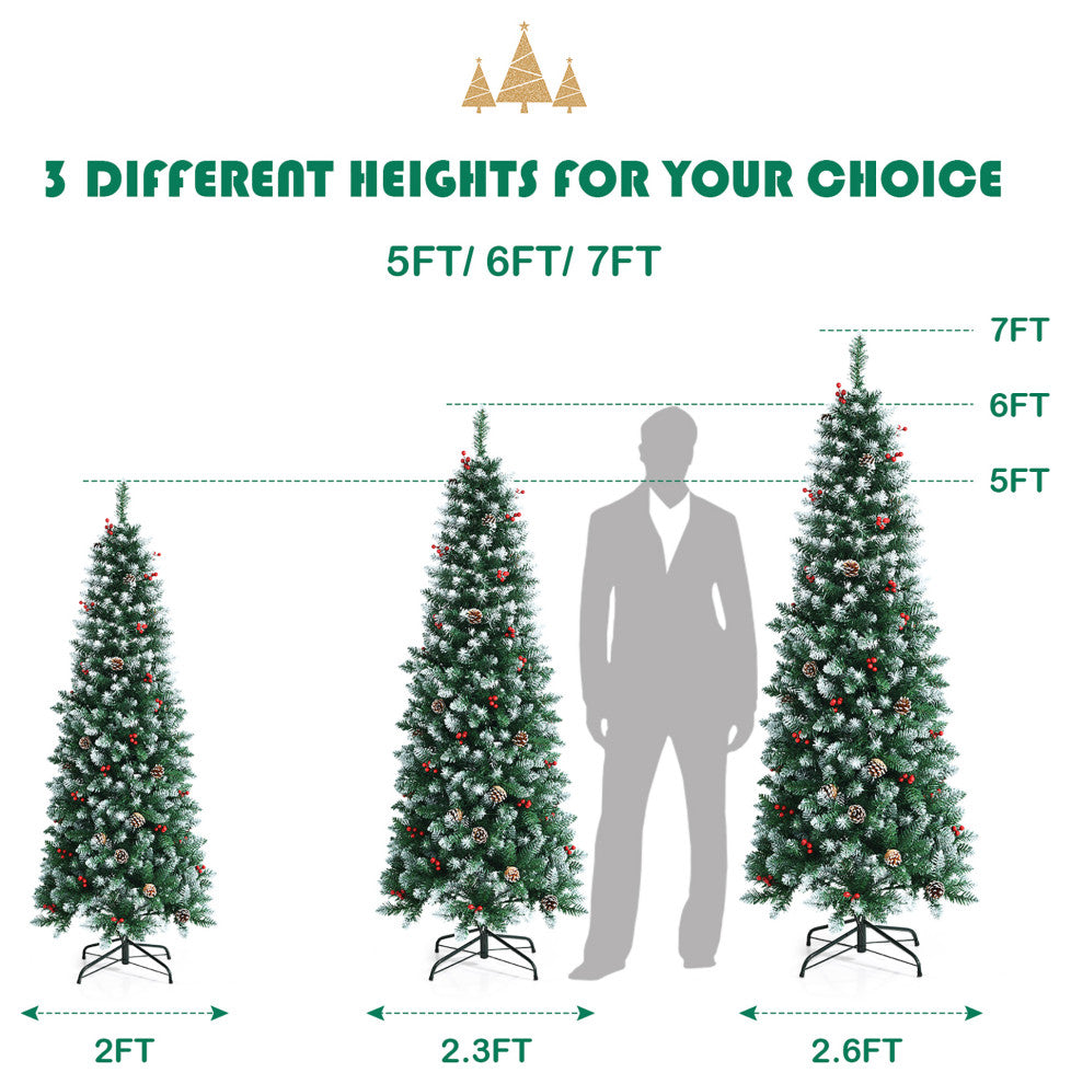 6ft Pre-lit Artificial Hinged Pencil Christmas Tree Decorated Snow Flocked Tips