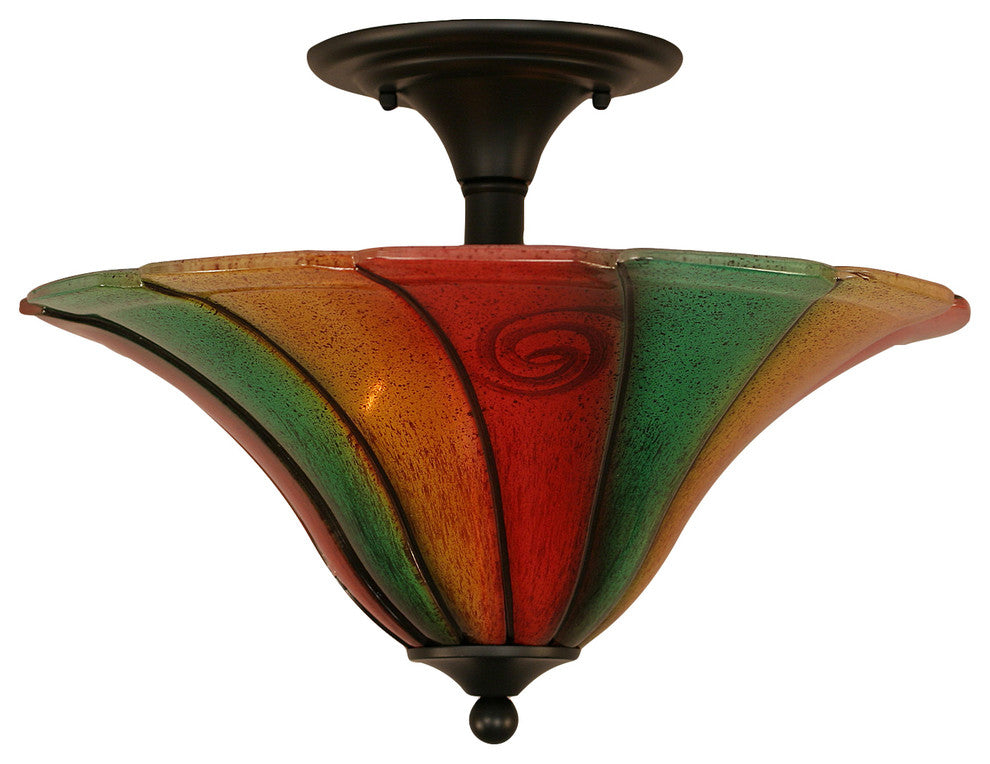 Semi-Flush With 2 Bulbs, 16" Mardi Gras Glass