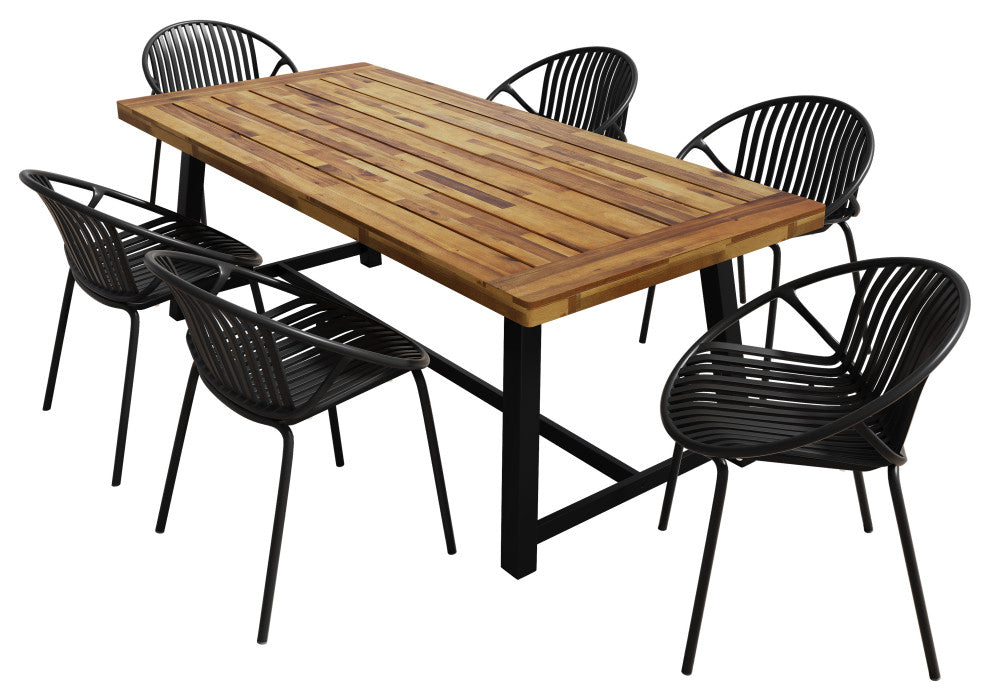 GDF Studio 7-Piece Outdoor Dining Set, Table & Stackable Chairs, Black/Teak