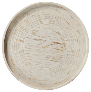 33" Coffee Table Mango Wood Round Top Grooved Edge Distressed White Finish