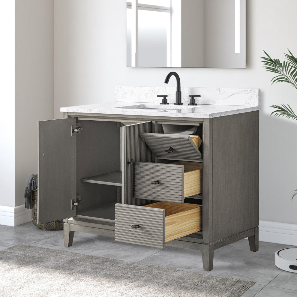 Vanity Art Bathroom Vanity with Engineered Marble Top and Sink, Driftwood Gray, 42", Matte Black